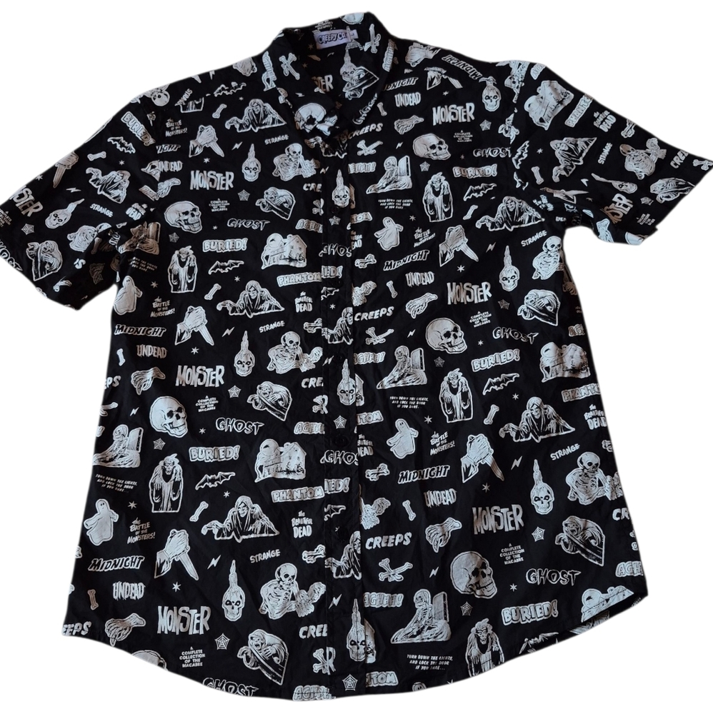 CREEPY CO Men's Black Graphic Casual Button-Down Shirt - Horror Monster Print